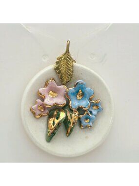 Ceramic Floral Pendant Gold Accents & Leaf Detail Pastel Pink & Blue Flowers